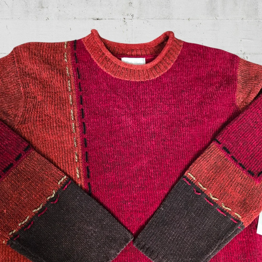 90s Vintage Red Patchwork Chenille Soft Deadstock Crewneck Sweater Size XL